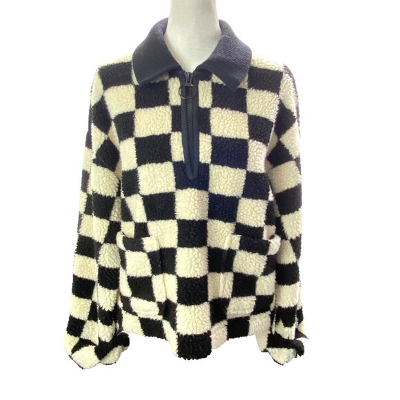 MADEWELL Women Popover Sherpa Fleece Sweater Cropped Sz XS Black White 79-41 - Picture 4 of 14